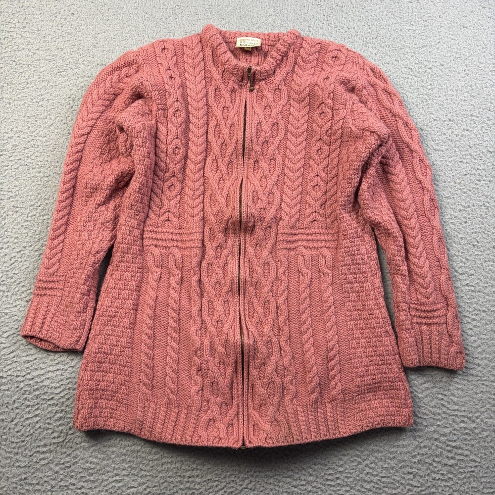 Kilronan 100% Merino Wool Heavy Cable Knit Full Zip Sweater Women's Medium Pink